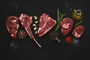 Steak Photography Prints: Overhead composition with raw prime beef cuts