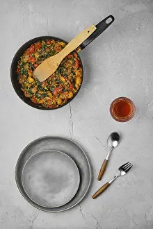 Healthy Pasta Dish Prints: Overhead view of spaghetti with spinach