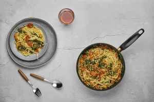 High Angle View Of Meal Prep Prints: Overhead view of spaghetti with spinach