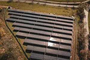 Solar Energy Panels Prints: Overview of solar modules in ordered formation with sunlight