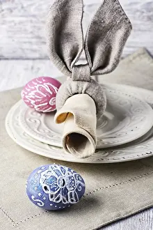 Painted Easter Eggs Prints: Painted Easter eggs, a plate and a napkin in the form of the Easter Bunny