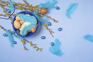 Blue Background Easter Eggs Prints: Palm catkin with Easter decoration