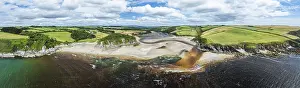 Prints of Panorama of Cliffs over Mothecombe Beach and Red Cove from a drone, River Emme, Mothecombe, Plymouth, South Devon, England, United Kingdom Plymouth Prints: Mothecombe Beach Panorama Print, Devon Coast, England