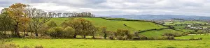 Top Down View Of Farmland Prints: Panorama over Meadows and Fields over Devon in the colors of fall