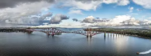 Uninhabited River Scene Prints: Panorama of Rain clouds over Forth Bridge from a drone