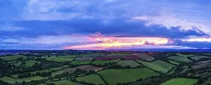 British Countryside Drone Shot Prints: Panorama of Sunset over Fields from a drone