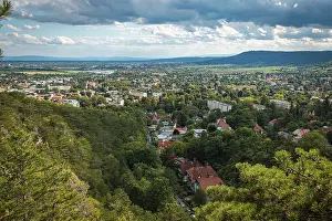 Lower Austria Panorama Prints: Panoramic view over Baden under a cloudy sky