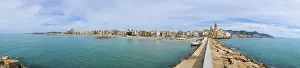Empty Shoreline Spain Prints: Panoramic view of the beach and promenade in Sitges