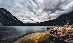 Scandinavian Fjord Landscape Prints: Panoramic view of the Eidfjord in Norwegian