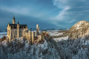 Prints of Panoramic view of Neuschwanstein Castle in winter, Germany Palace Prints: Panoramic Winter View of Neuschwanstein Castle Print