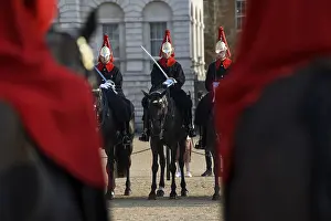 Prints of Parade of Horse Guards, soldiers of the Household Cavalry Mounted Regiment, White Hall, Westminster, London, England, Great Britain Westminster Prints: Print of Horse Guards Parade, London, England