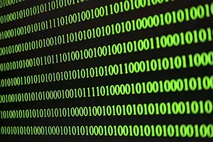 Dark Colored Background Image Prints: Parallel green binary code lines on a black background