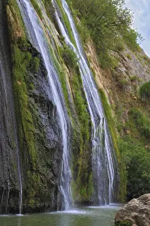 Uninhabited River Landscapes Prints: Three parallel stream running down the steep slope and fall into the oval pool