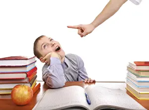 Young Boy Learning Prints: Parent threatening Son for a Learning on the white background