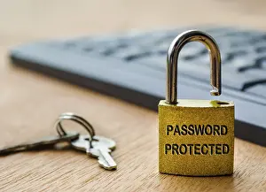 Images Dated 6th September 2024: Password Protected Text Print on Padlock with Keyboard Background