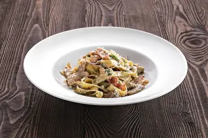 Parmesan Cheese Sauce Prints: Pasta with bacon and squid
