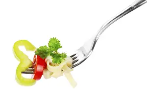 Spaghetti On Fork Prints: Pasta on a fork over white background
