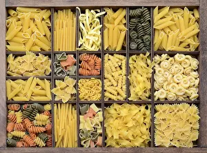 Italian Pasta Types Prints: Pasta, various types of pasta in a type case