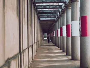 Deserted City Street Scene Prints: Pedestrian passageway with concrete columns