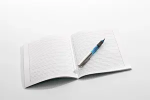 Empty Notebook Prints: Pen lying on the blank lined page of an open notebook