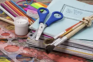 Colourful Desk Utensils Prints: Pen and notebook tool a first grader to school