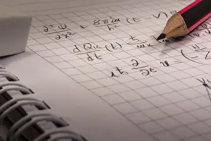 Back To School Prints: Pencil on notebook, full of mathematical formulas