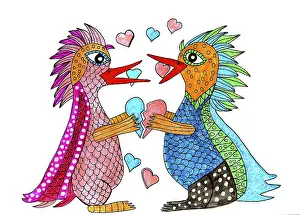 Prints of Two penguins with hearts, white background, naive illustration Related Prints: Naive Penguin Print with Hearts on White Background