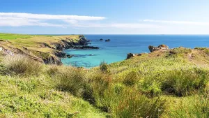 Rocky Coastline UK Prints: Pentreath Beach and Cliffs, Cornwall