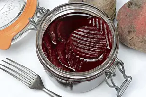 Pickled Vegetables Prints: Pickled beetroot in glass jar and beetroot