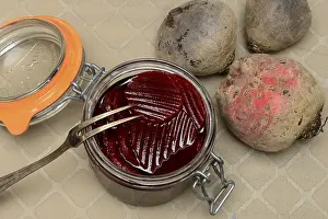 Beet Root Health Benefits Prints: Pickled beetroot in glass jar and beetroot