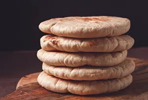 Bakery Products On Table Prints: Pita bread, stack, on the table, no people