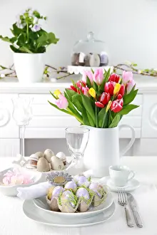 Easter Table Setting Prints: Place setting for Easter with eggs and tulips