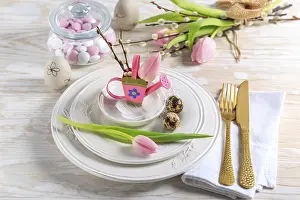 Easter Egg Decorations Prints: Place setting for Easter table with spring flowers