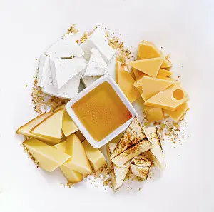 White Background Food Images Prints: Plate with different types of cheese