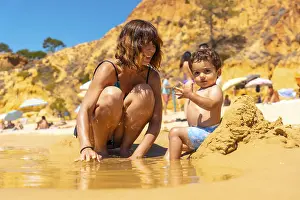 Albufeira Beach Prints: Playing in the sand with the son
