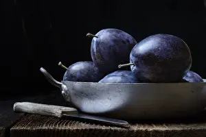 Food Still Life Composition Prints: Plums in shell with knife, Germany