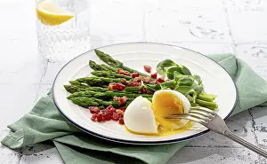 Vegetable Plant Cuisine Prints: Poached egg with fork, asparagus