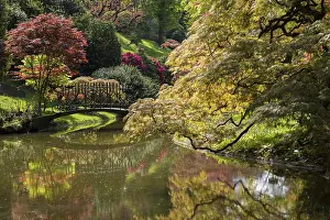 Italian Lake Scenery Prints: Pond with bridge in the park, spring