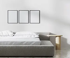 Modern Architecture Rendering Prints: Poster frames mock up in bedroom interior