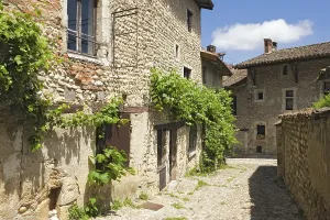 Old Fortresses In Europe Prints: Cobblestone street, medieval walled town of Perouges
