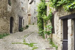 Medieval Fortresses Prints: Cobblestone street, medieval walled town of Perouges