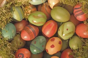 Close Up Of Easter Eggs Prints: Coloured Easter eggs in the moss