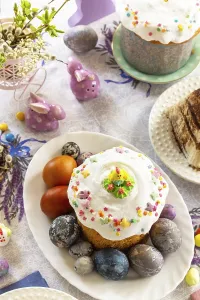 Festive Holiday Dinner Prints: Festive Easter table setting. Easter orthodox cakes with Easter eggs