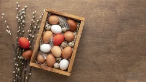 Symbolic Springtime Image Prints: Flat lay box with eggs easter copy space