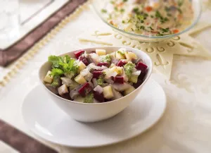 British Cuisine Images Prints: Herring salad with beetroot - selective sharpness-deep