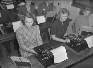 Educational Institution History Prints: Learning to type on a typewriter