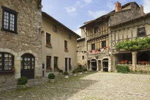 Old European Buildings Prints: Place de la Halle square, medieval walled town of Perouges