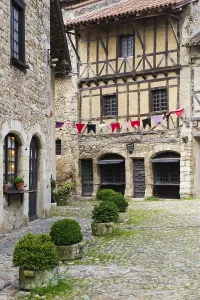 Fortified Medieval Architecture Prints: Place de la Halle square, medieval walled town of Perouges
