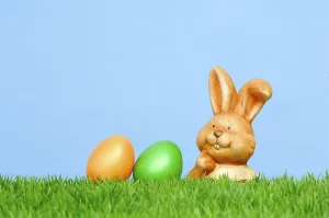 Deserted Easter Egg Scene Prints: Porcelain Easter bunny and Easter eggs