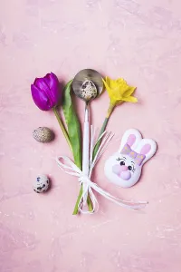 Vernal Flower Arrangements Prints: Spring Easter Table setting with flowers and Eggs